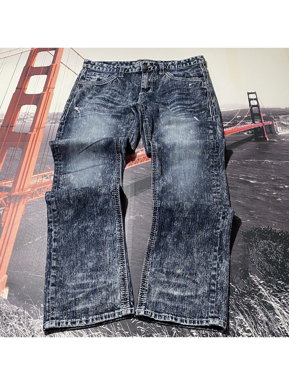 Y2K Affliction Ace Jeans Mens 36x34 Acid Wash Distressed Straight Denim Stretch